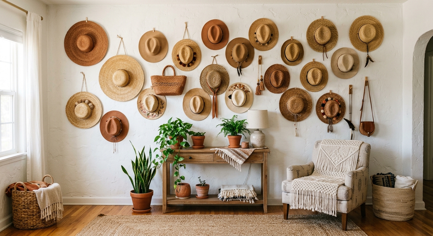 Chapeaux en paille et raphia accroches au mur comme decoration murale boheme
