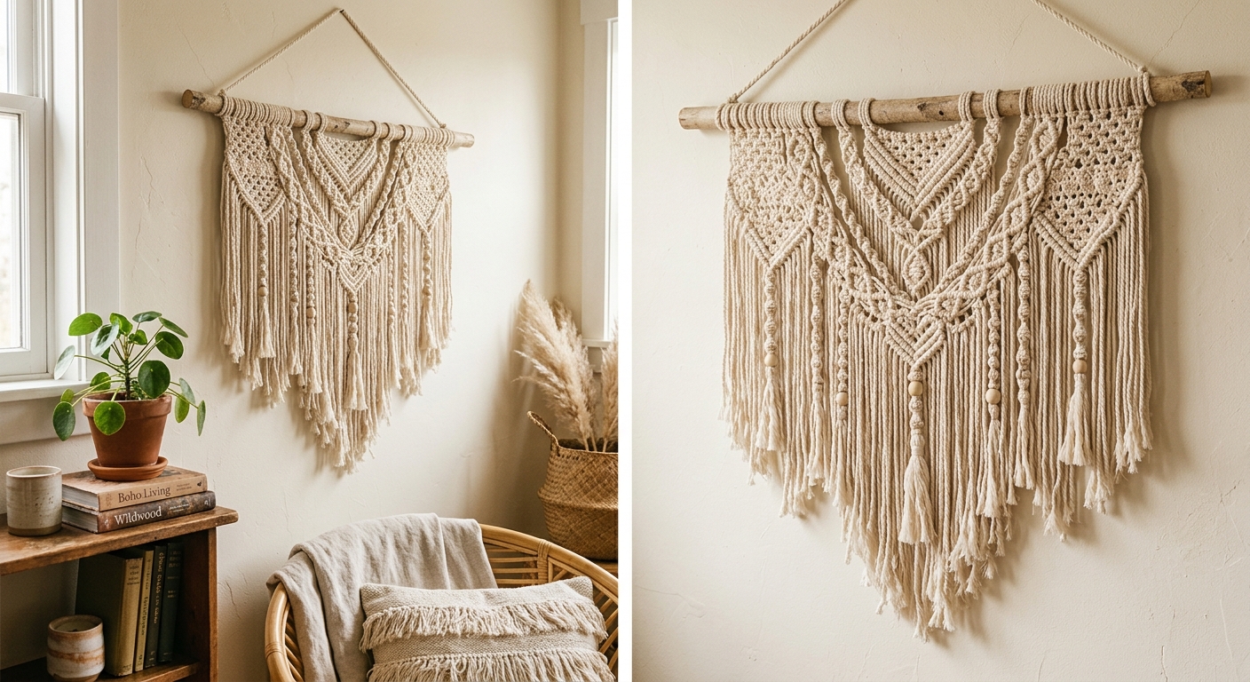 Decoration murale en crochet et macrame suspendue sur un mur clair
