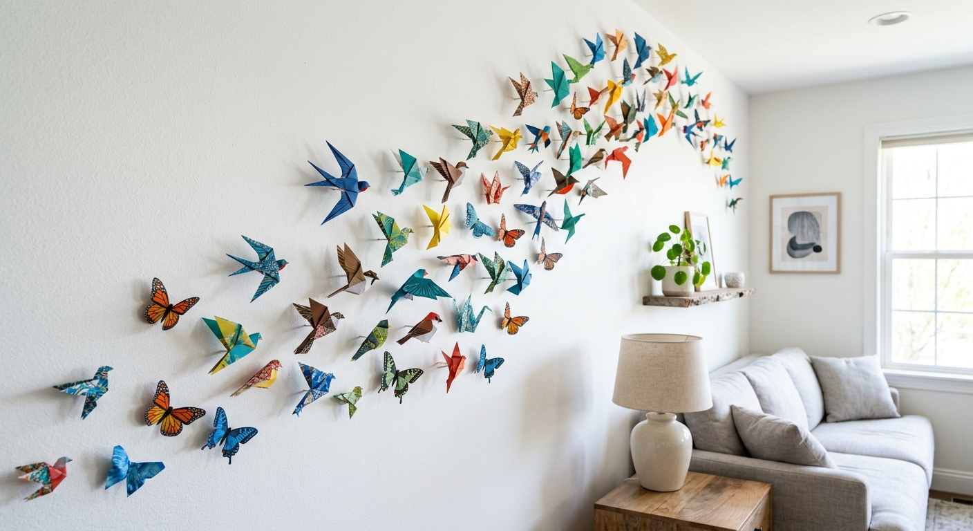 Oiseaux en papier 3D colores formant une envolee sur un mur blanc