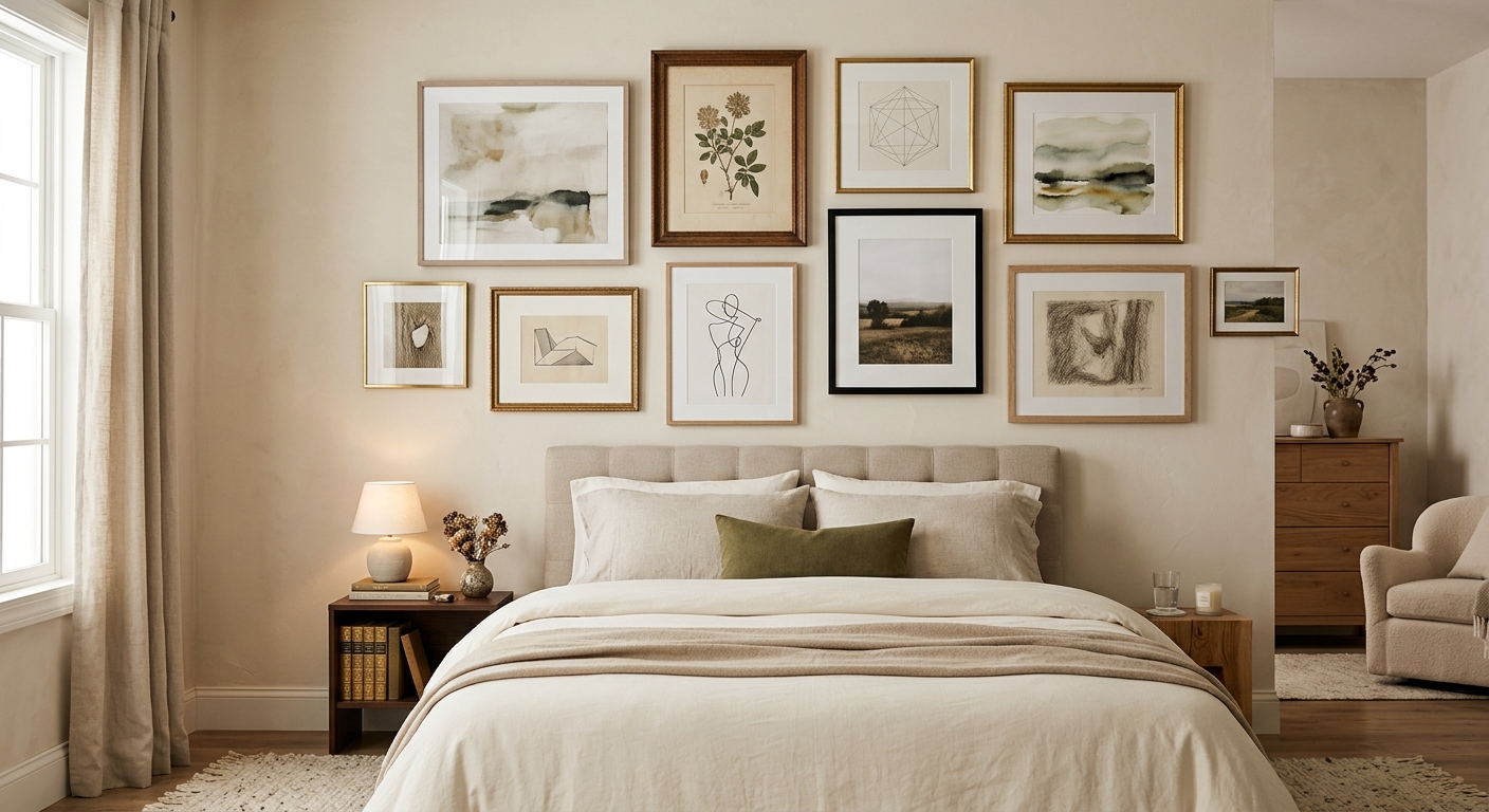 Gallery wall avec cadres assortis dans une chambre elegante