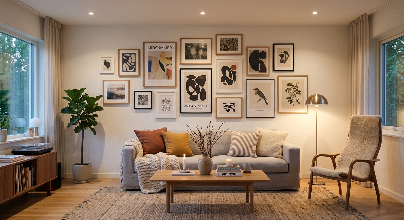 Decoration murale moderne dans un salon lumineux avec cadres et affiches