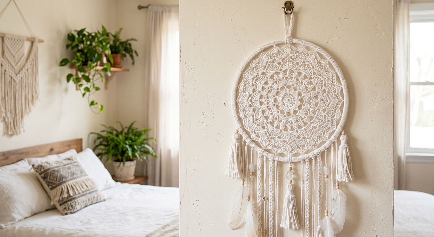 Mandala en crochet blanc suspendu sur un mur de chambre boheme