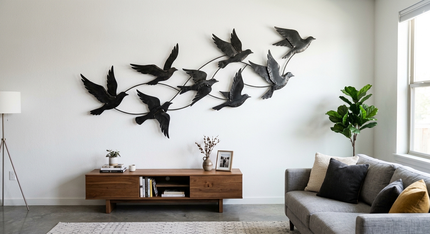 Sculpture murale oiseaux en metal noir sur mur blanc moderne